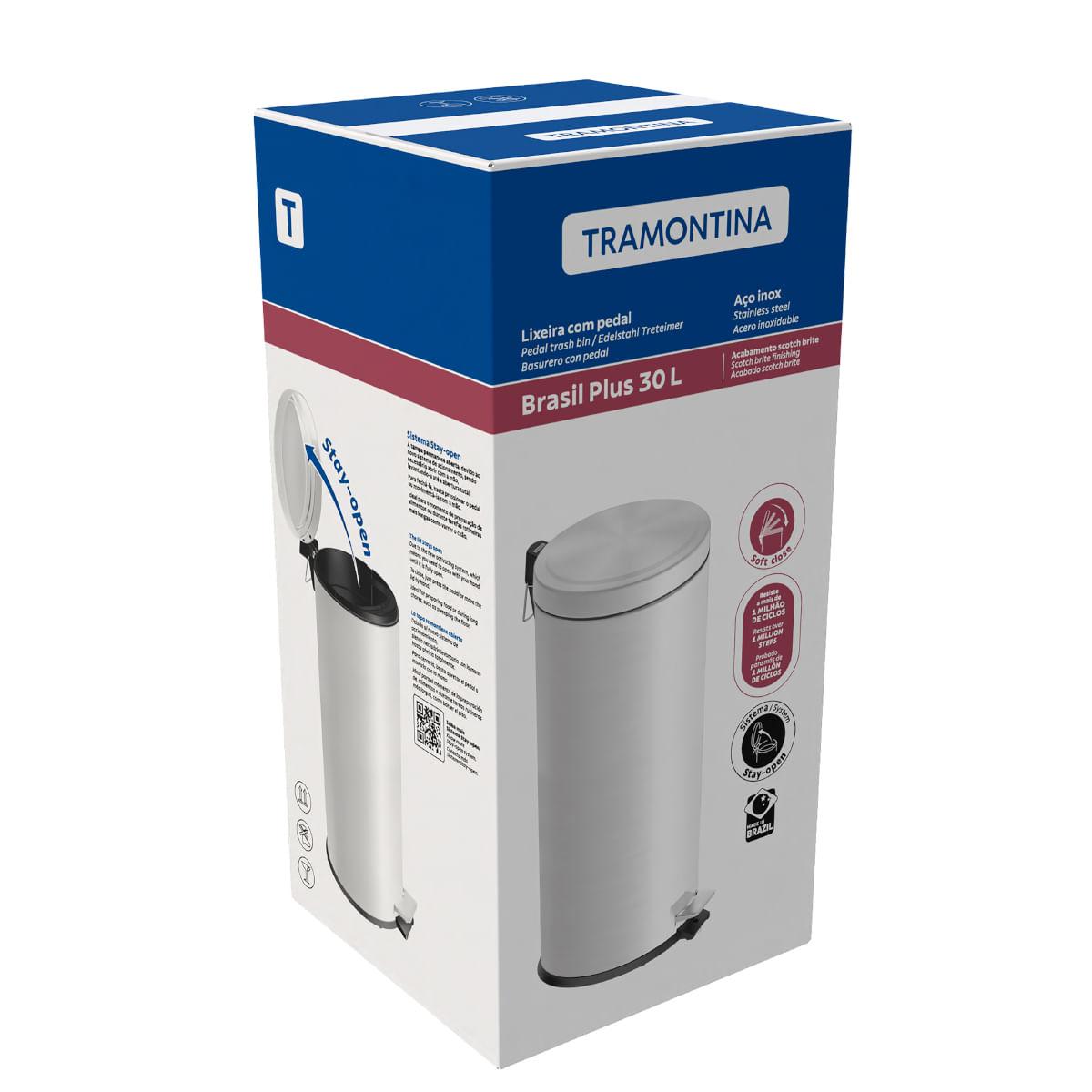Lixeira com Pedal Tramontina Brasil Plus 30 Litros em Aço Inox Acetinado