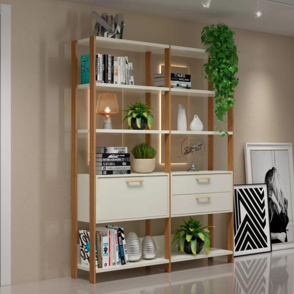 Estante 2 Gavetas 1 Porta Off White Freijó 145x32x185 cm Dalla Costa
