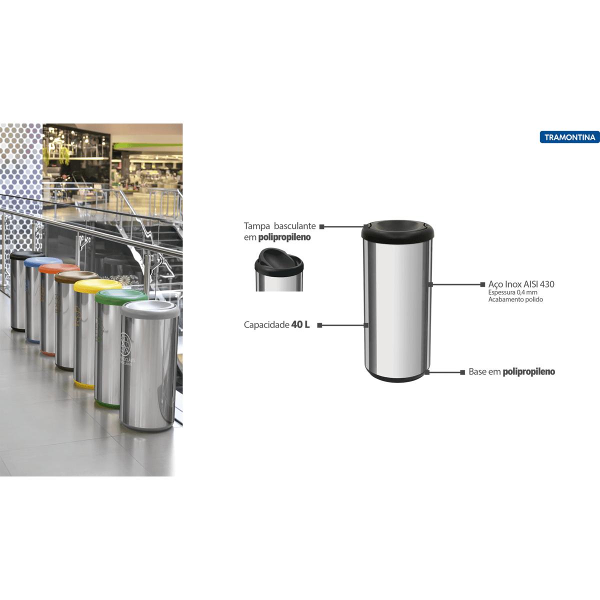 Lixeira Inox Tramontina Cápsula Selecta Plus Basculante 40 L com Acabamento Polido e Tampa Basculante Preta em Polipropileno OUTLET 94900445