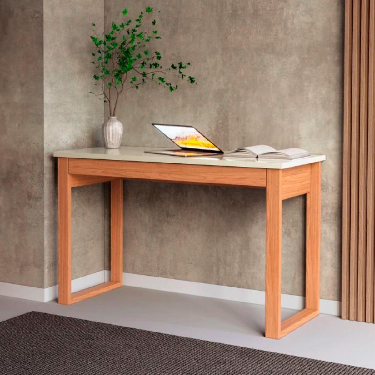 Mesa de Escritório 1 Gaveta em MDF 118x53x75cm Dalla Costa Off White Freijó