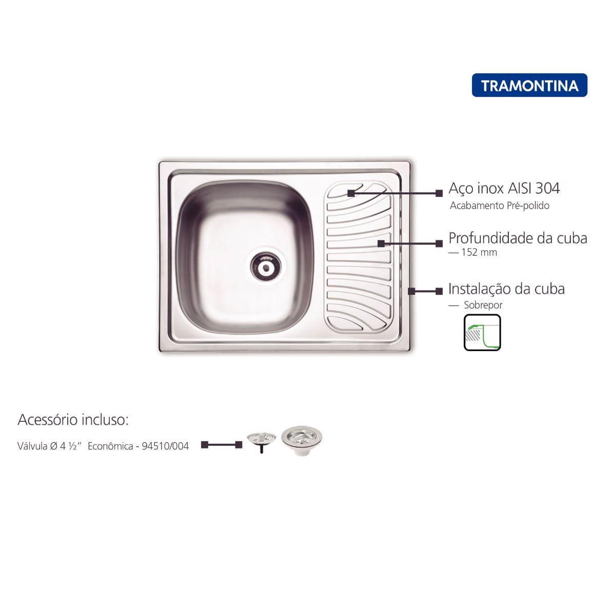 Cuba de Sobrepor Tramontina Alpha 34 R em Aço Inox Pré-polido 62 x 50 cm com Válvula