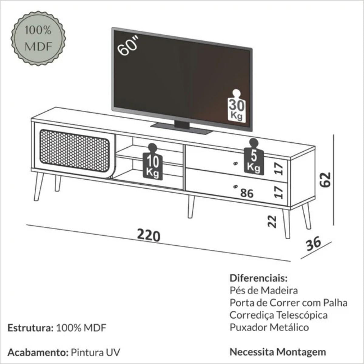 Rack para TV 220cm Até 60 Polegadas 2 Gavetas 1 Porta Curve Pinhão com Palha Dalla Costa