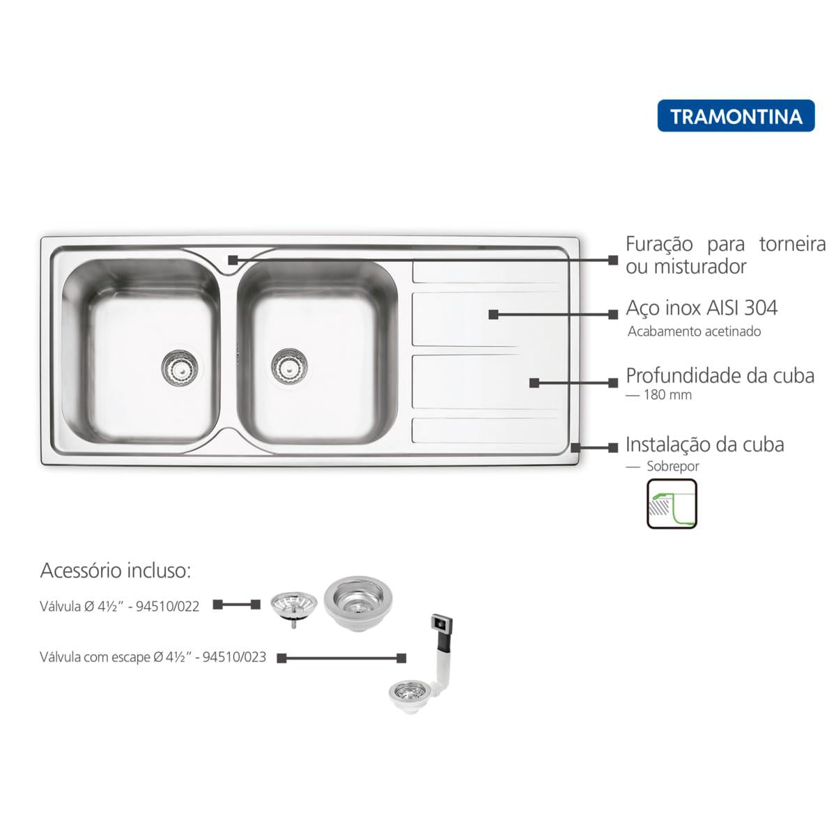 Cuba de Sobrepor Tramontina Marea 2C 34 Plus em Aço Inox Acetinado 116 x 50 cm