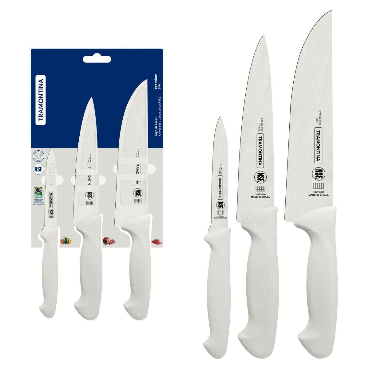 Jogo de Facas Tramontina Premium Aço Inox e Polipropileno Branco 3 Peças