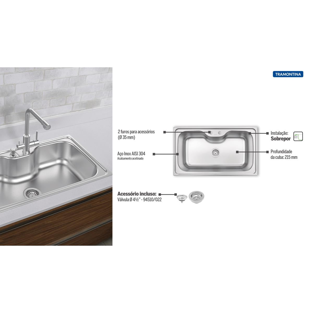 Cuba de Sobrepor Tramontina Morgana Maxi 86x50 cm em Aço Inox Acetinado Outlet