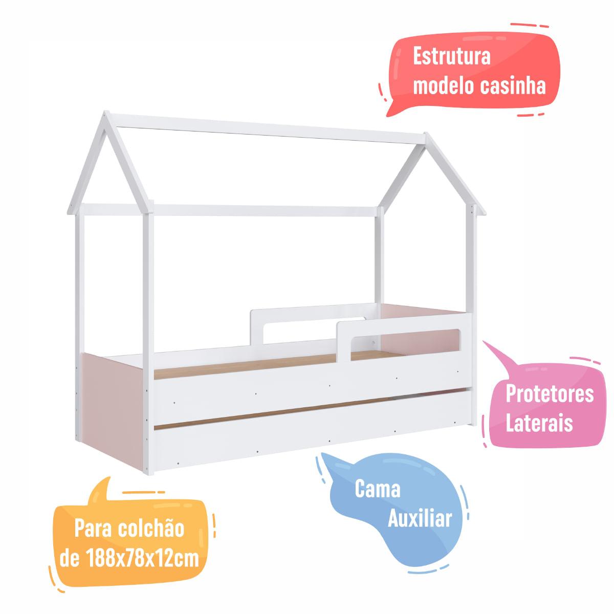 Cama Infantil Montessoriana com Cama Auxiliar Branco com Rosa Completa Móveis