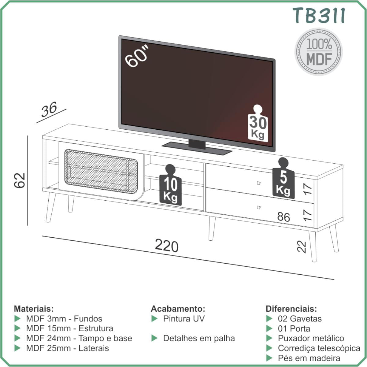Rack Tela para TV em MDF 220 cm com 2 Gavetas e Porta de Correr Freijó/Terra Dalla Costa TB311JT
