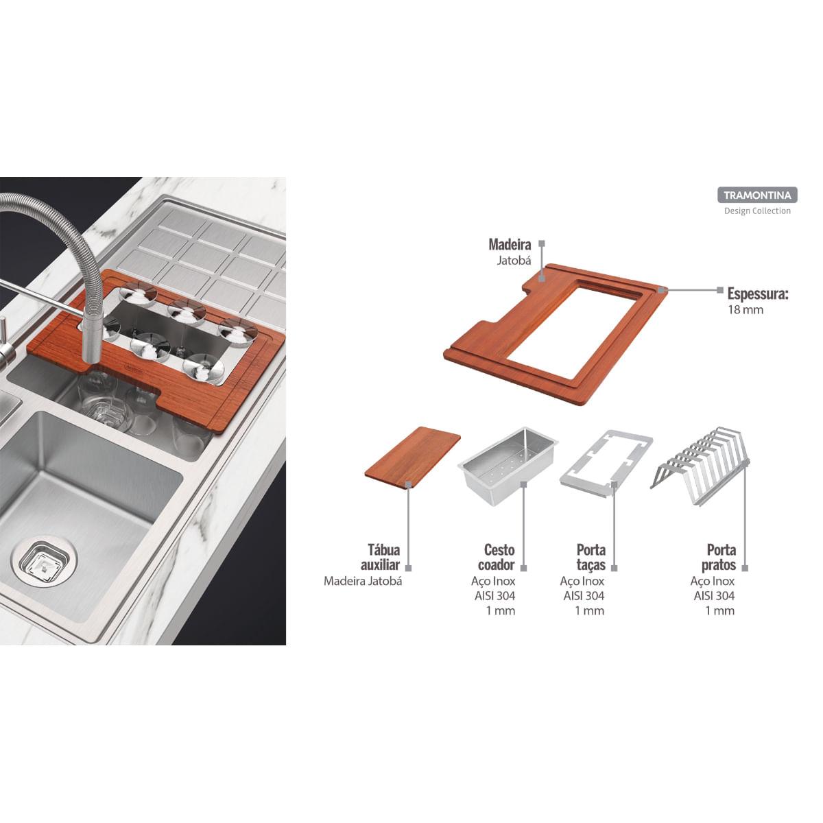 Kit para Cuba Quadrum Tramontina em Aço Inox com Acabamento Scotch Brite e Tábua em Madeira Jatobá Vazada 42x32 cm