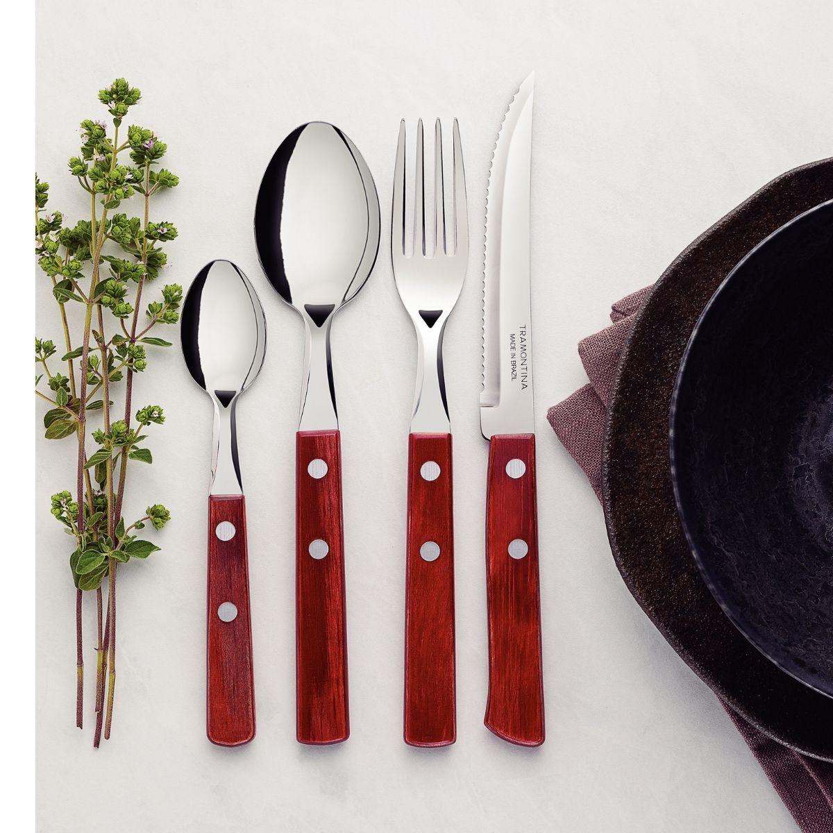 Faqueiro Tramontina Polywood Aço Inox e Madeira Vermelho 24 Peças