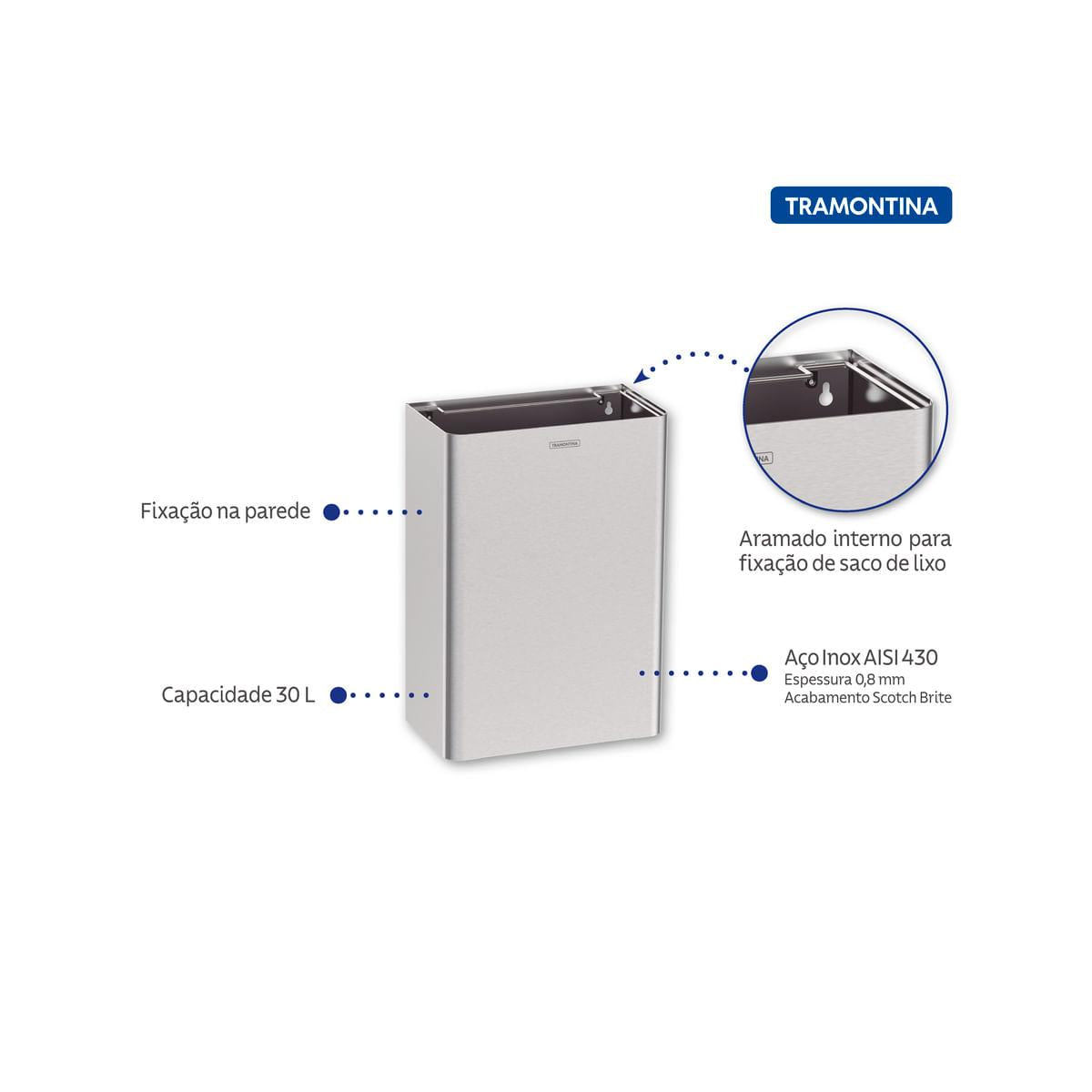 Lixeira Tramontina Wall 30 Litros em Aço Inox para Fixação na Parede
