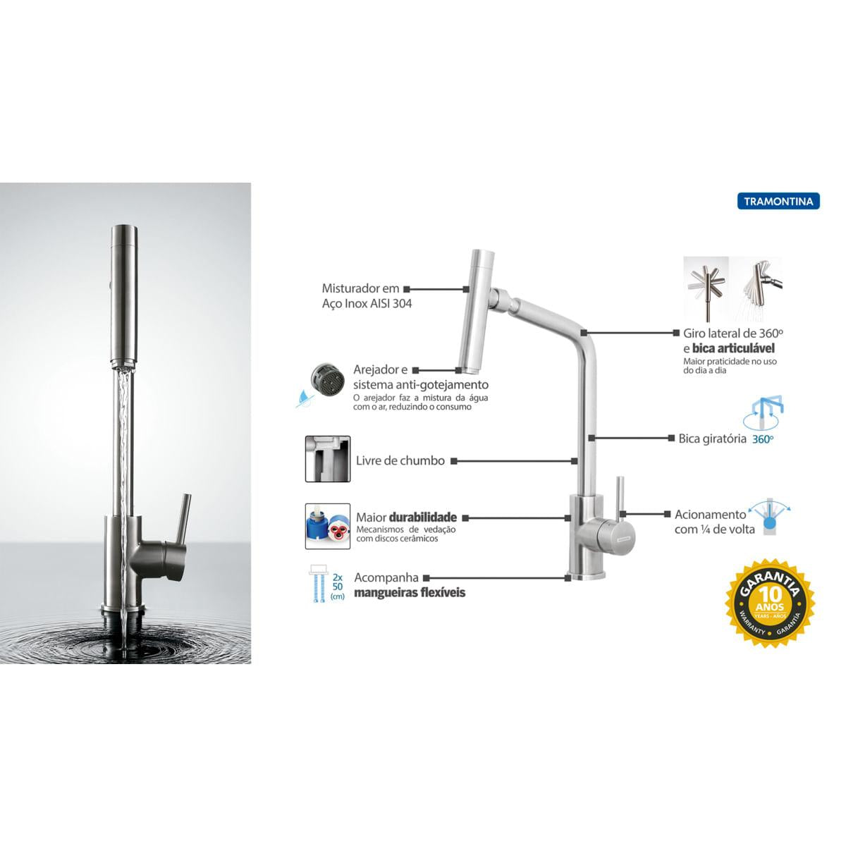 Misturador Monocomando Tramontina Versa em Aço Inox com Bica Articulada