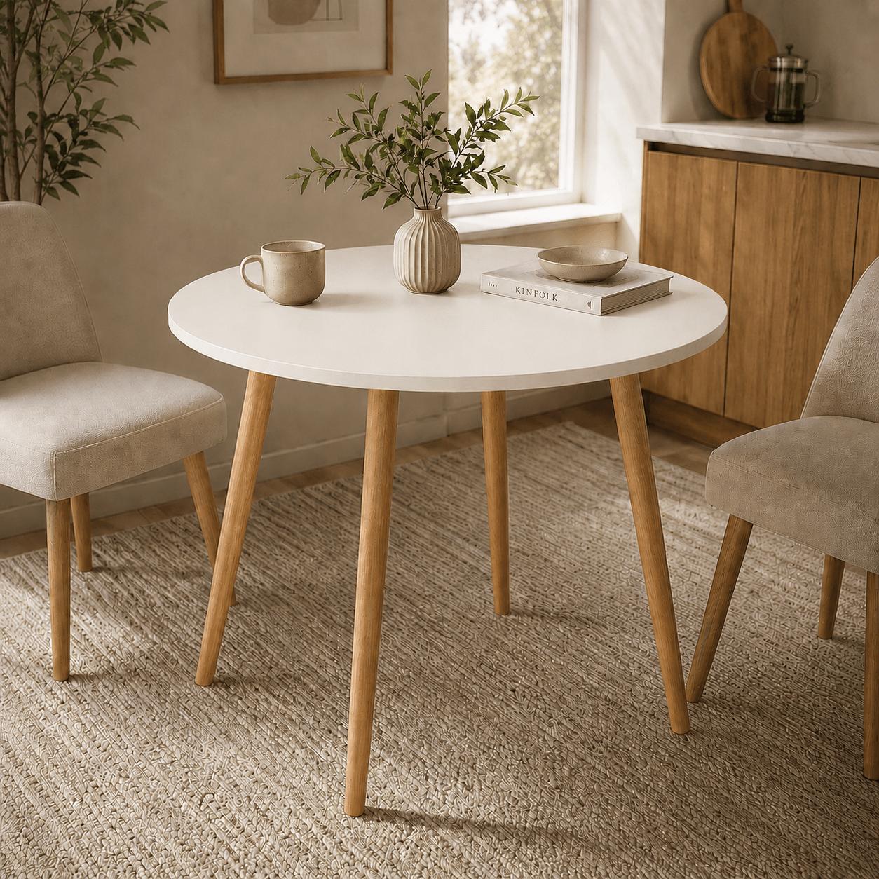 Mesa Jantar Sofia Redonda 80cm Branco Plus 18mm Pés de Madeira Natural Marin