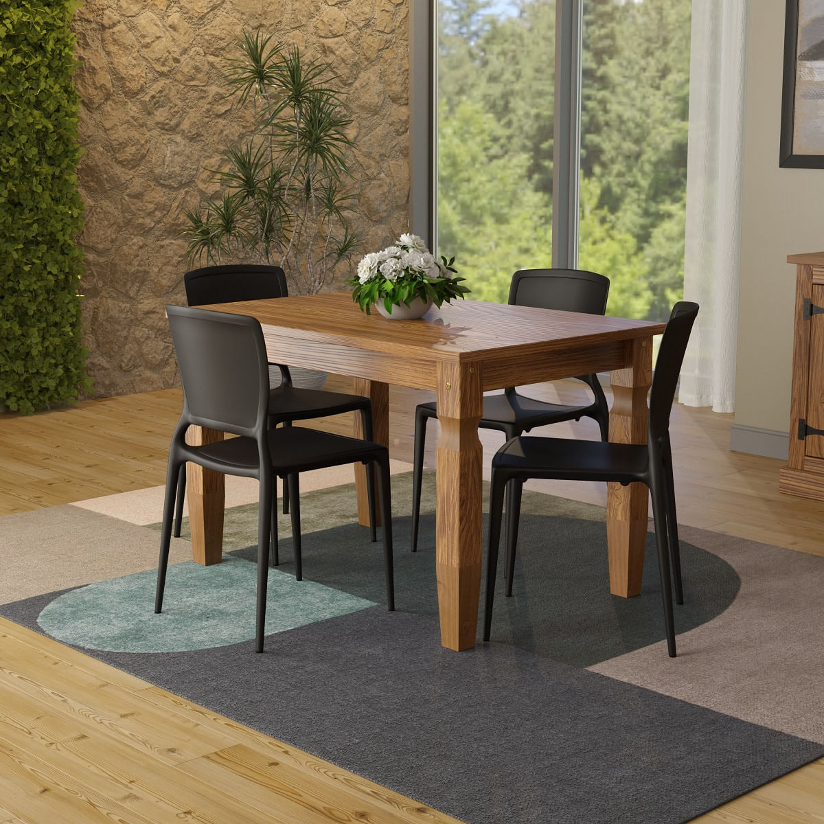 Conjunto Mesa Madeira Maciça Marin Brasil 4 Cadeiras Sofia Fechada Preta Tramontina