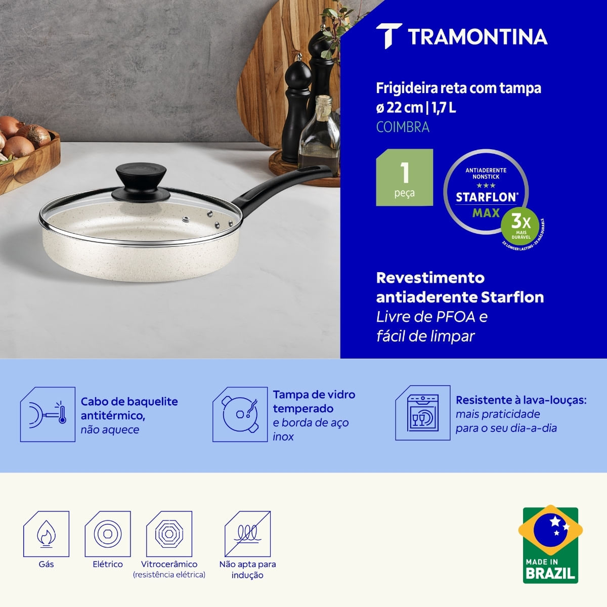 Frigideira Reta Tramontina Coimbra em Alumínio Bege 22 cm 1,7 L