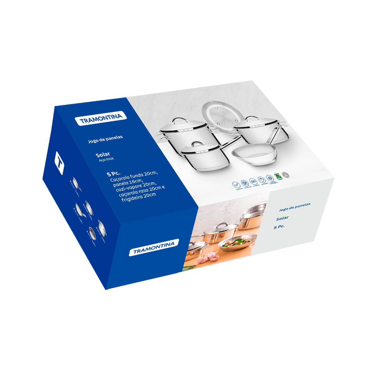 Jogo de Panelas Tramontina Solar em Aço Inox com Fundo Triplo e Tampas de Inox 5 Peças