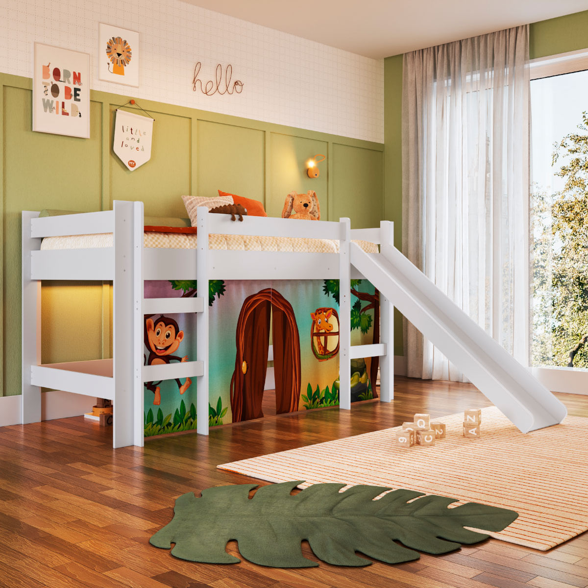 Cama Infantil Elevada com Escorregador Branco e Cortina Estampada Zoo Completa Móveis