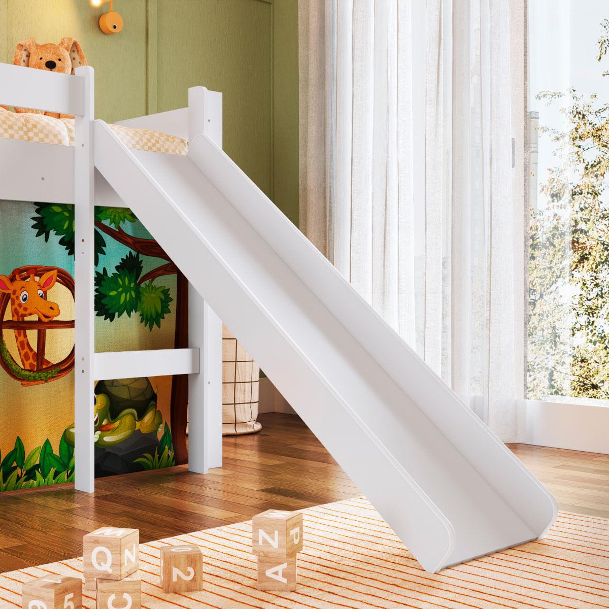 Cama Infantil Elevada com Escorregador Branco e Cortina Estampada Zoo Completa Móveis