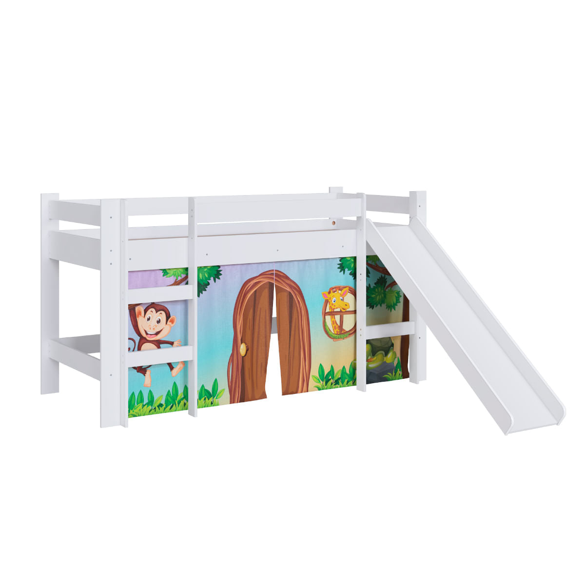 Cama Infantil Elevada com Escorregador Branco e Cortina Estampada Zoo Completa Móveis
