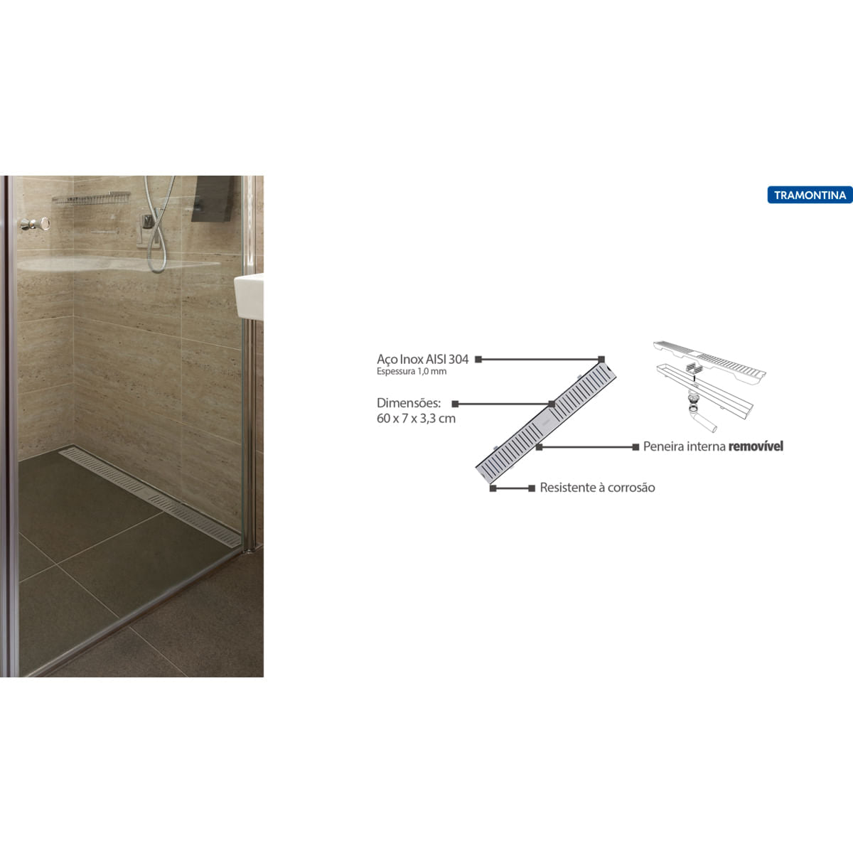 Ralo Slim Tramontina em Aço Inox 60 x 7 cm