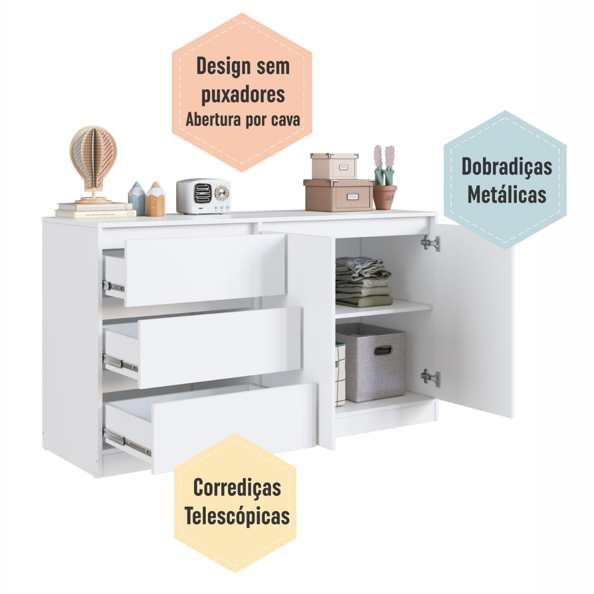Balcão para Cama Estação de Trabalho 3 Gavetas Branco 142cm Completa Móveis