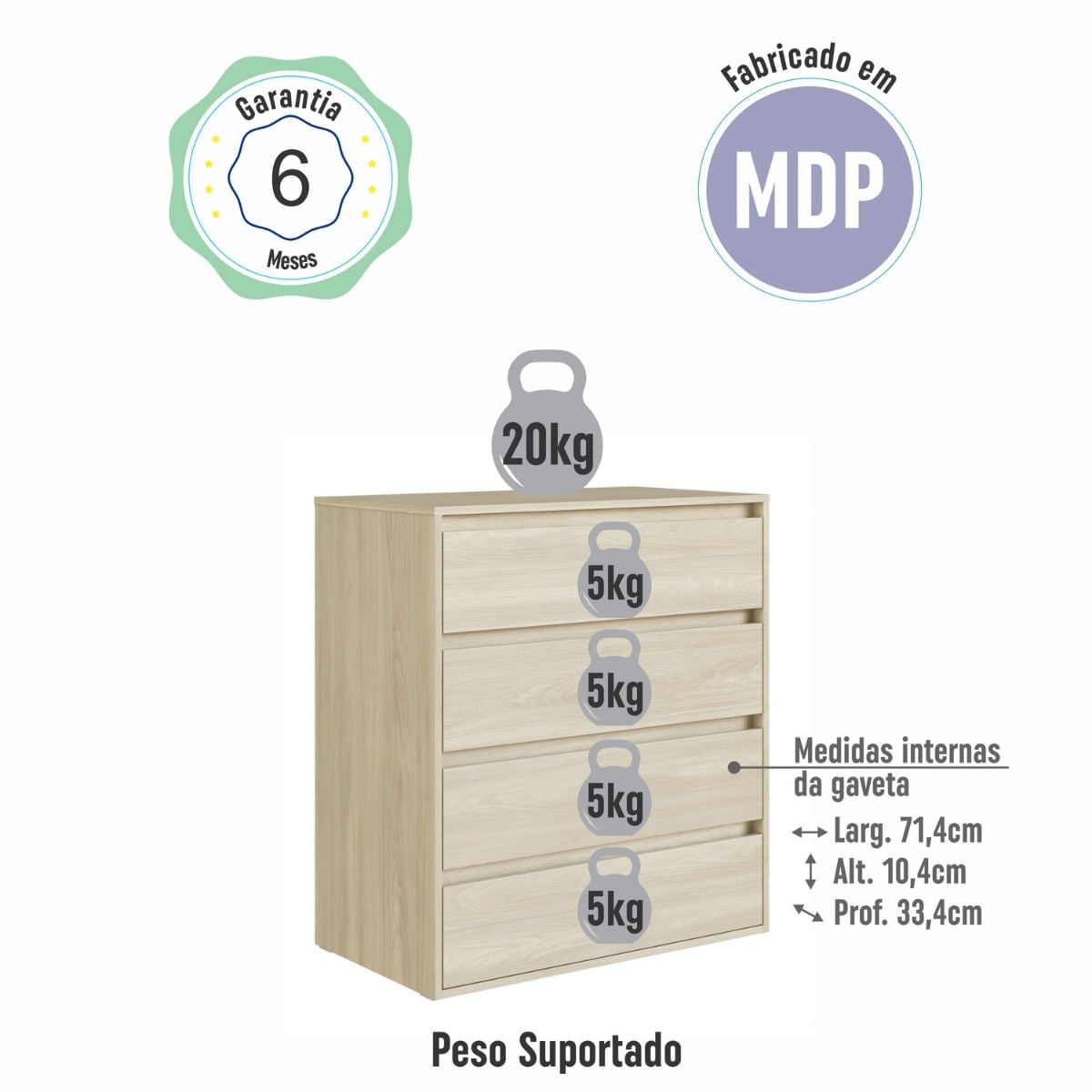 Cômoda 4 Gavetas Essencial Carvalho Araguaia 80x45x90 cm Completa Móveis