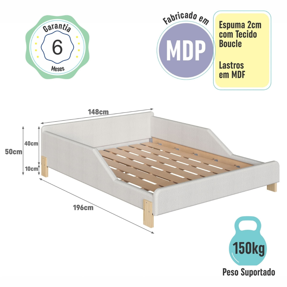 Cama Infantil Sentir Casal Estofada Bege Completa Móveis