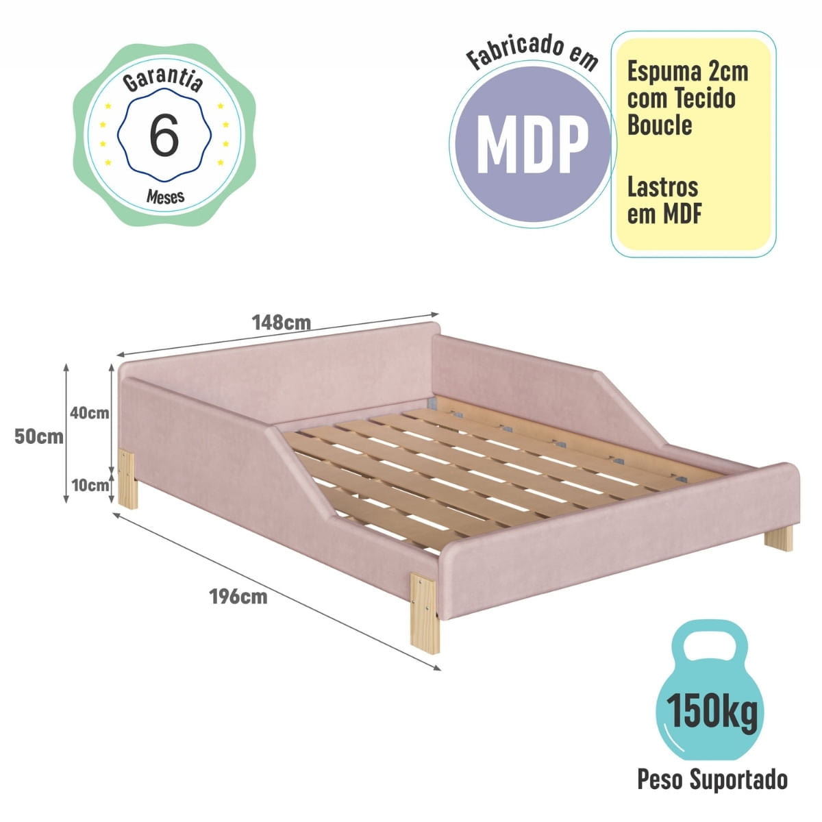 Cama Infantil Sentir Casal Estofada Rosa Completa Móveis