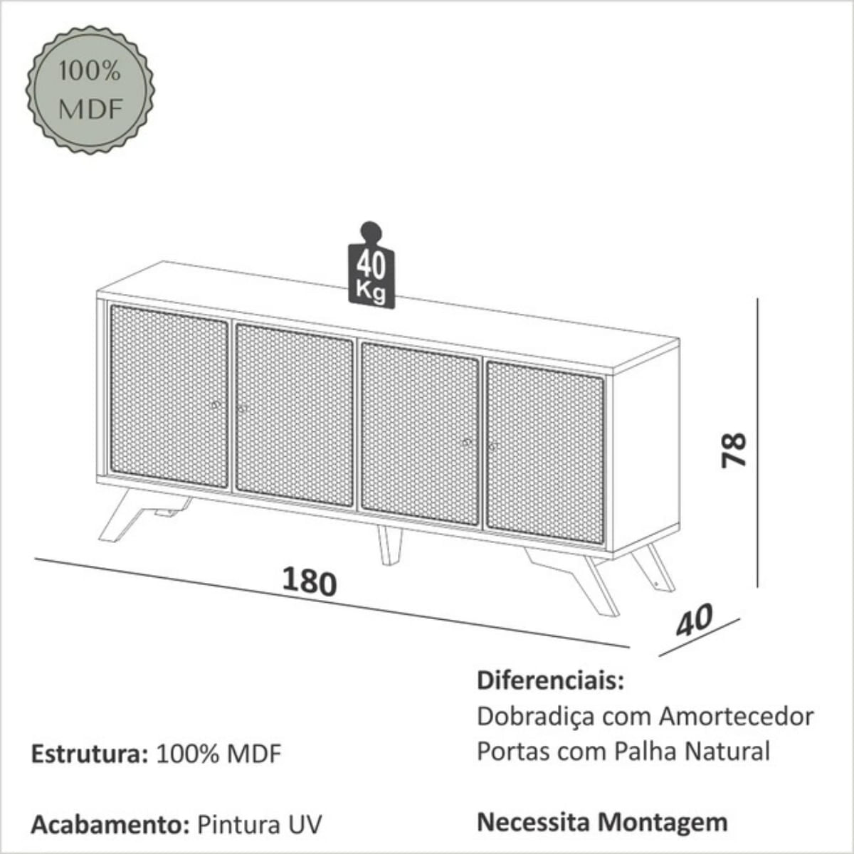 Balcão Buffet 180cm com Palha Hexagonal Natural Carvalho Rosé Dalla Costa