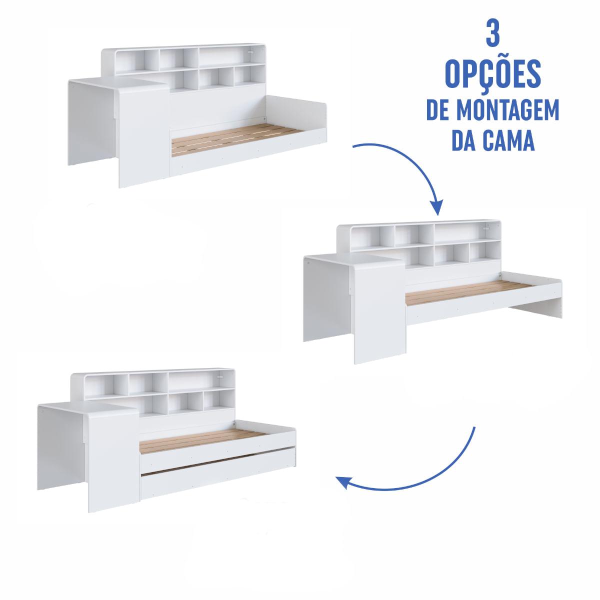 Cama Infanto Juvenil com Escrivaninha Estante e Cama Auxiliar Solteiro Branco Completa Móveis