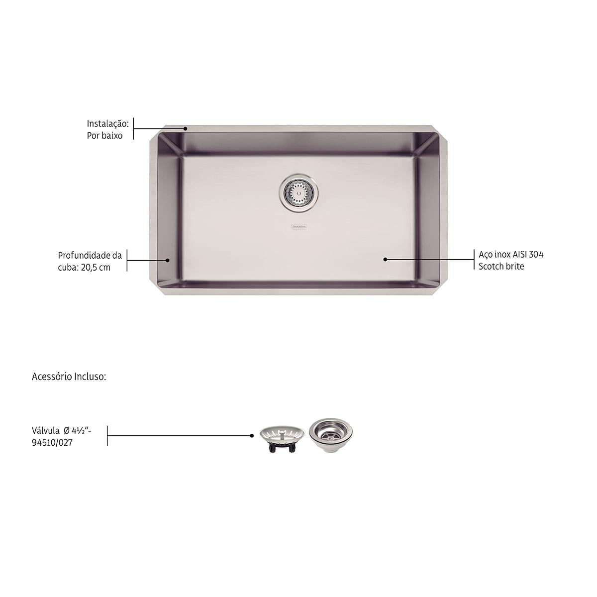 Cuba de Embutir Quadrum 70 U Tramontina 70 x 40 x 20 cm em Aço Inox Acetinado Outlet