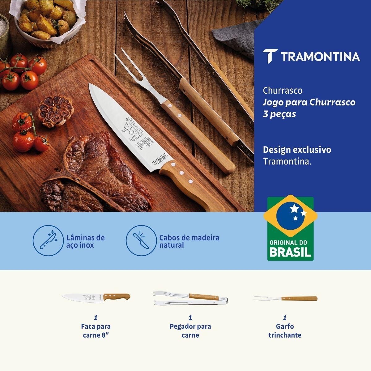 Jogo para Churrasco Tramontina em Aço Inox e Madeira 3 Peças