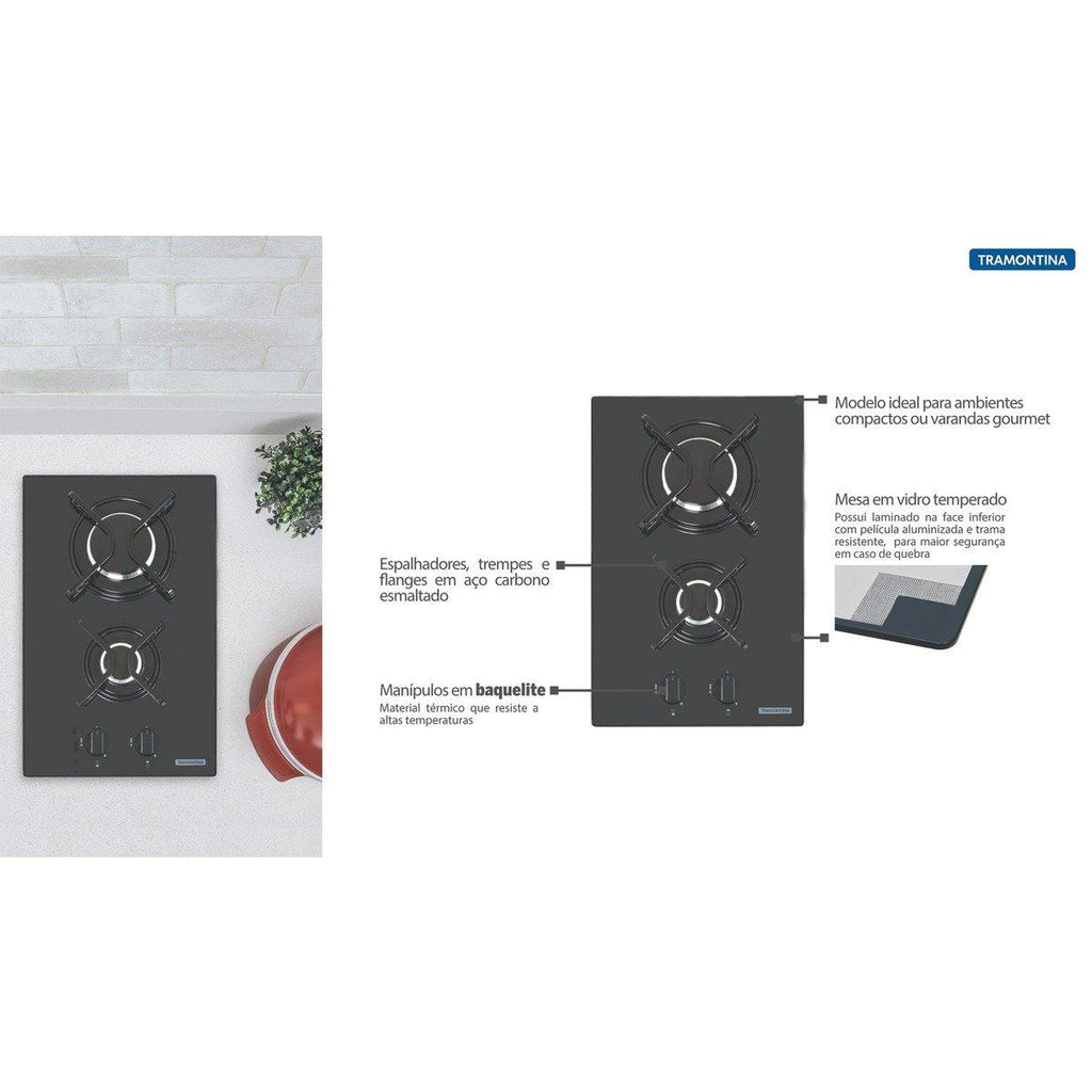 Cooktop a Gás Tramontina Dominó 2GG 30 em Vidro Temperado Preto 2 Queimadores