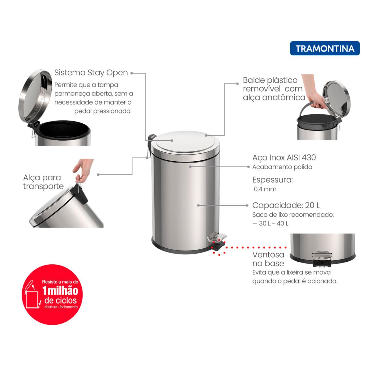 Lixeira Inox com Pedal Tramontina Brasil com Acabamento Polido e Balde Interno Removível 20 L