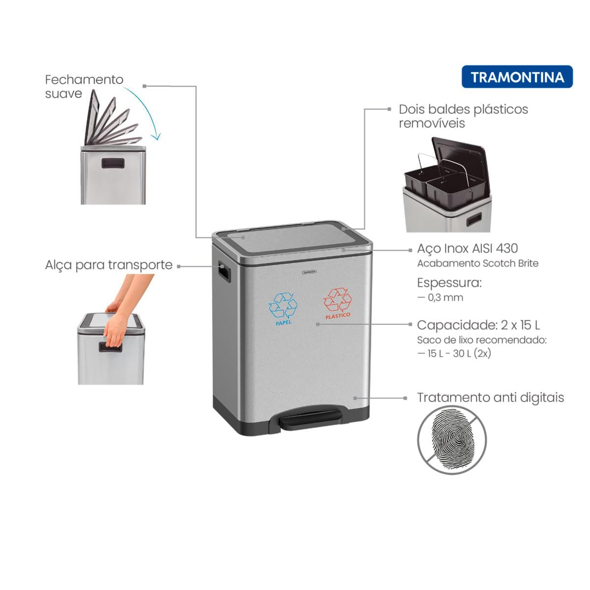Lixeira Inox com Pedal Tramontina Quadratta Plus Dupla Scotch Brite e Balde Interno Removível 2x15 L