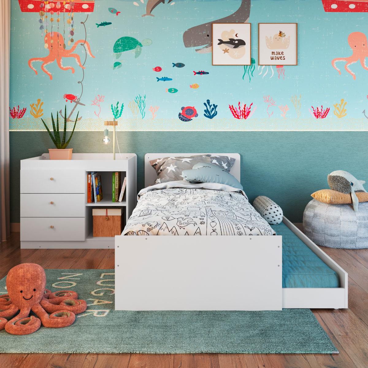 Berço Cama com Cômoda e Cama Auxiliar Branco Completa Móveis