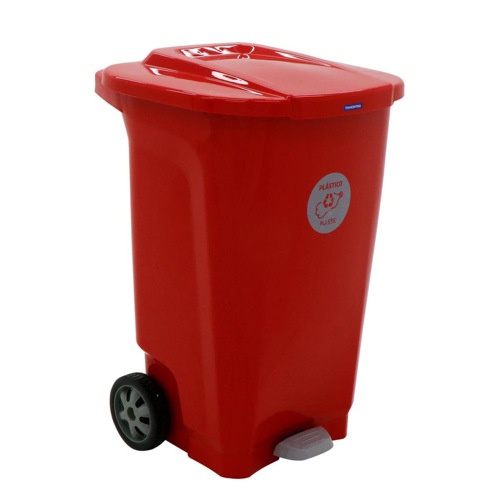 Lixeira Tramontina T-Force Coleta Seletiva Plástico em Polipropileno Vermelho com Rodas 100 L
