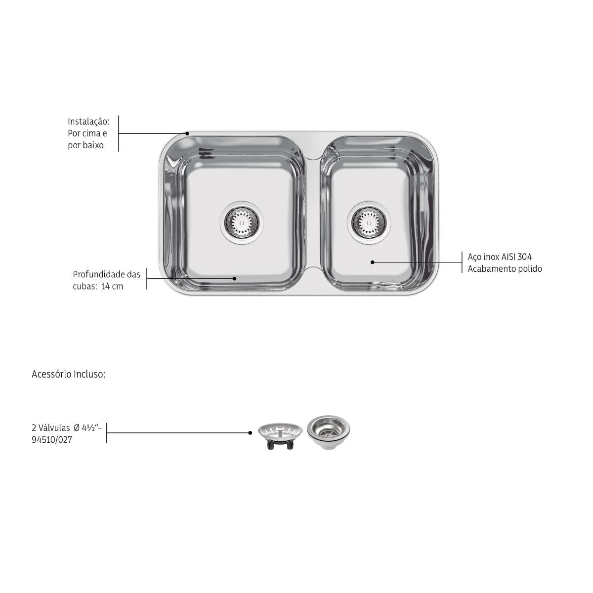 Cuba Dupla Tramontina Isis Aço Inox Polido 69x40 cm Outlet
