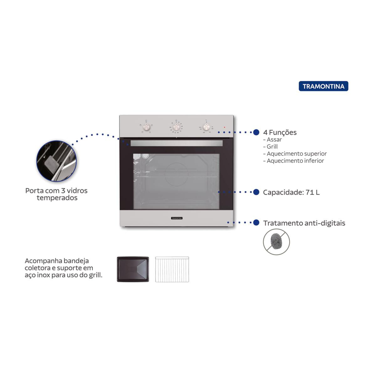 Forno Elétrico de Embutir Tramontina Inox Basic 60 F4 em Aço Inox 4 Funções 71 L