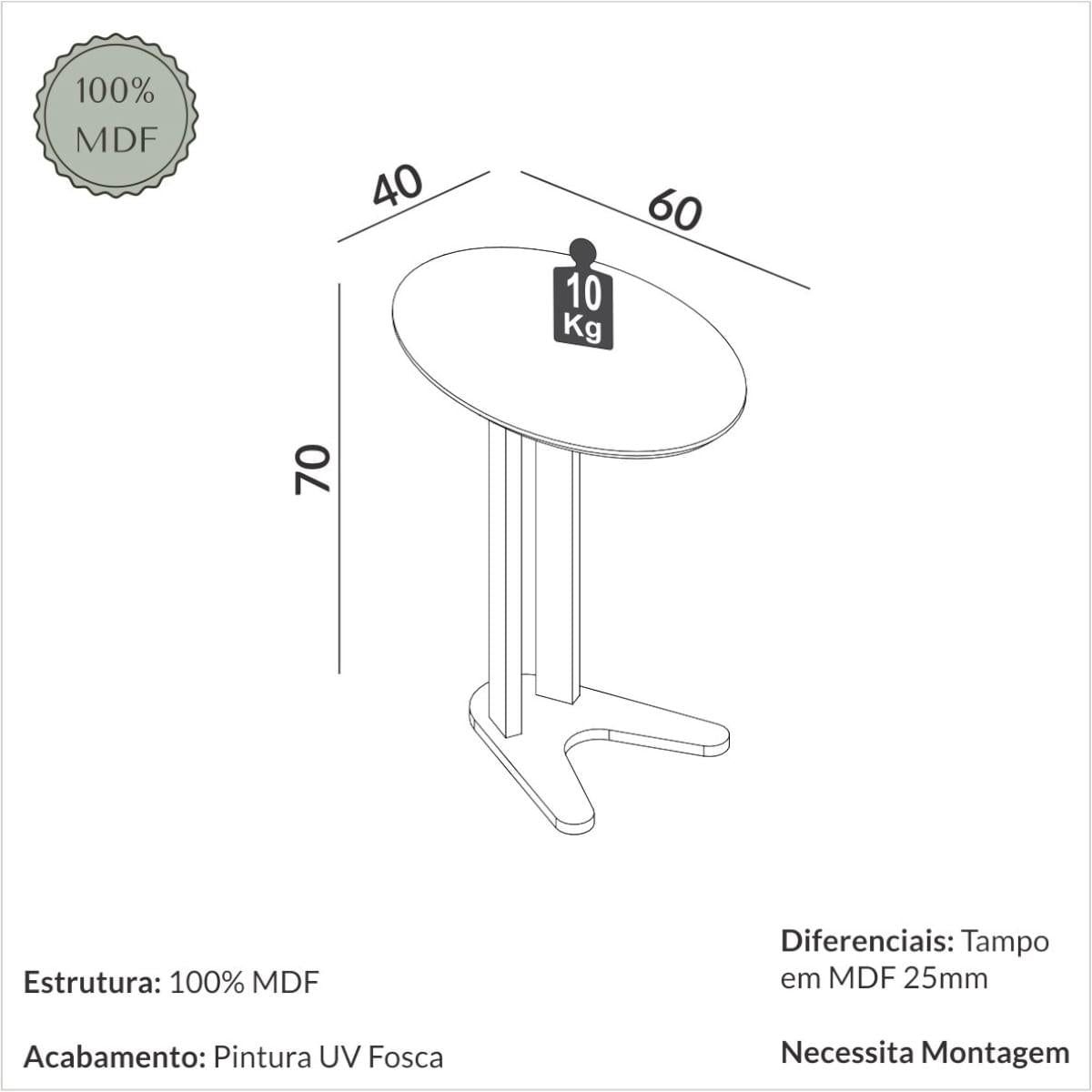 Mesa Lateral em MDF 60 cm Freijó TB604 JJ Dalla Costa