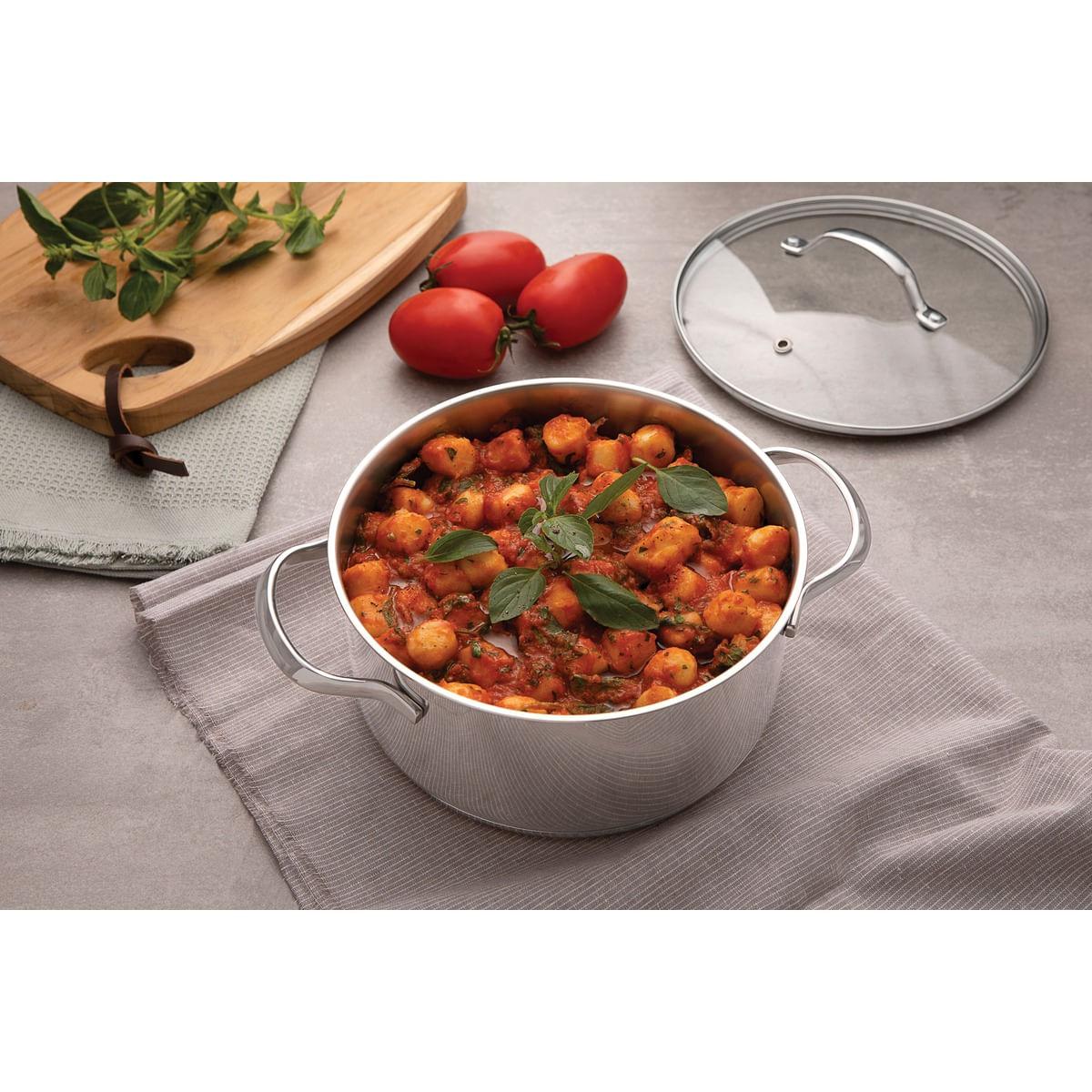 Caçarola Rasa Tramontina Una em Aço Inox com Fundo Triplo e Tampa de Vidro 24 cm 4,8 L