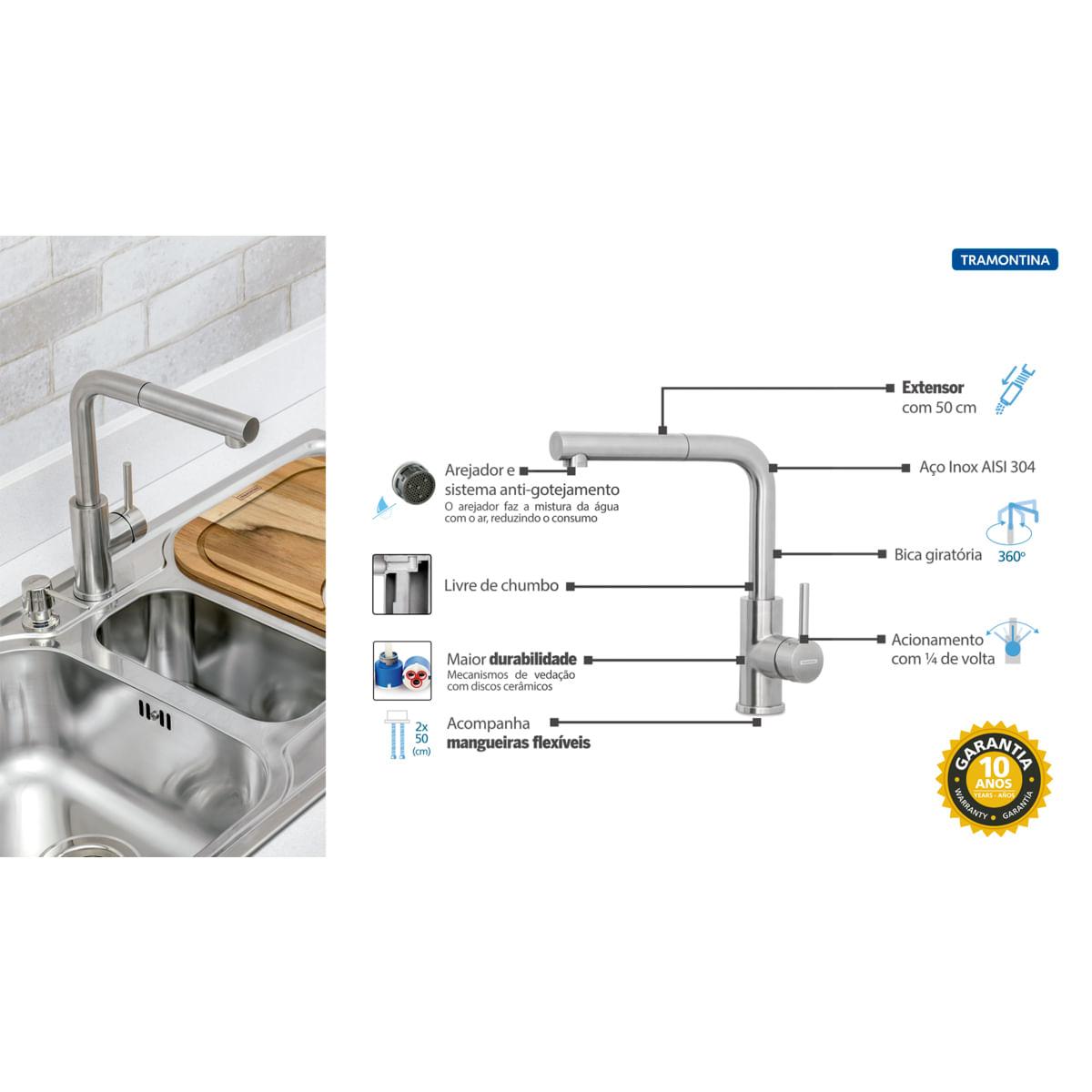 Misturador Monocomando Tramontina Monde Plus em Aço Inox e acabamento Scoth Brite com Extensor