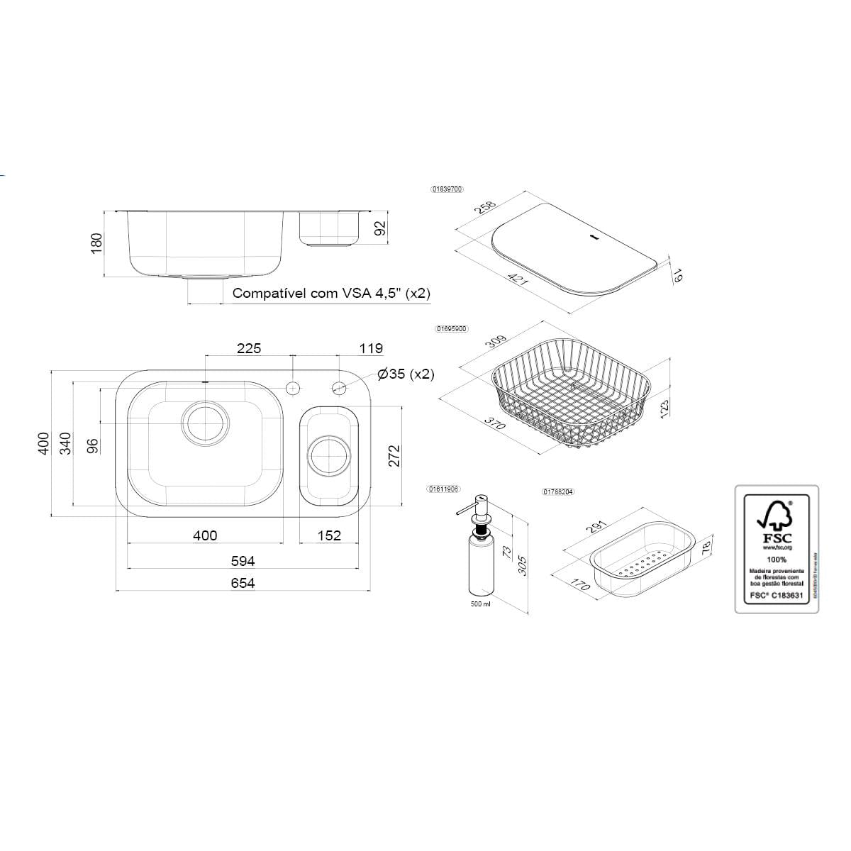 Cuba de Embutir Docol Lift 59,5x34x18cm em Aço Inox Alto Brilho com Acessórios