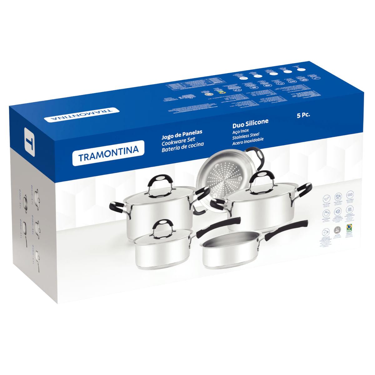 Jogo de Panelas Tramontina Duo Silicone 5 Peças Aço Inox Fundo Triplo