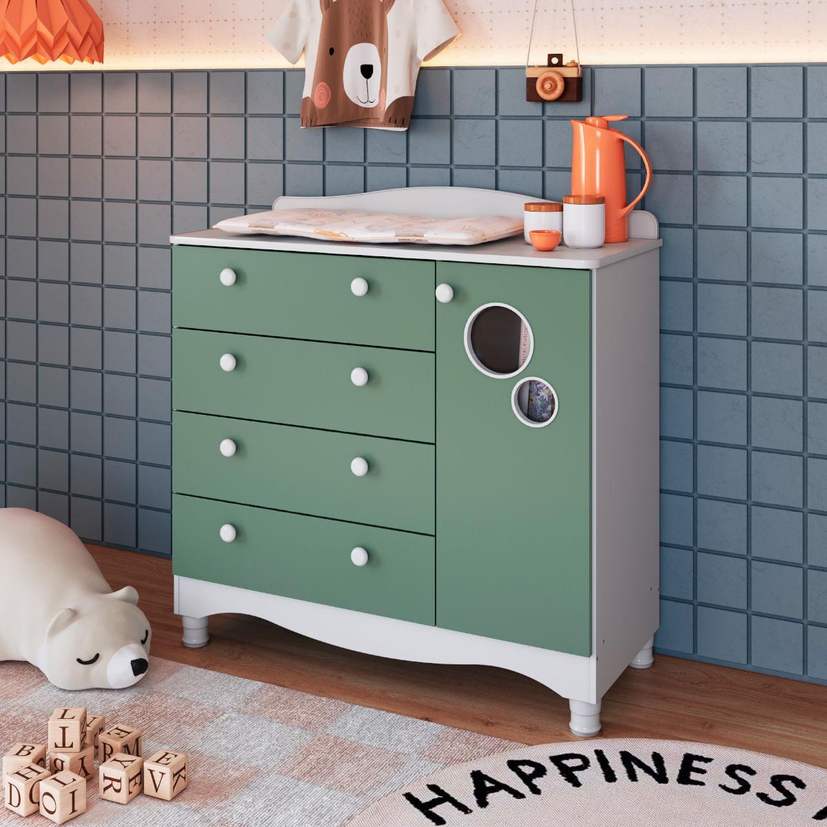 Cômoda Infantil 4 Gavetas 1 Porta Encanto Branco e Verde Completa Móveis