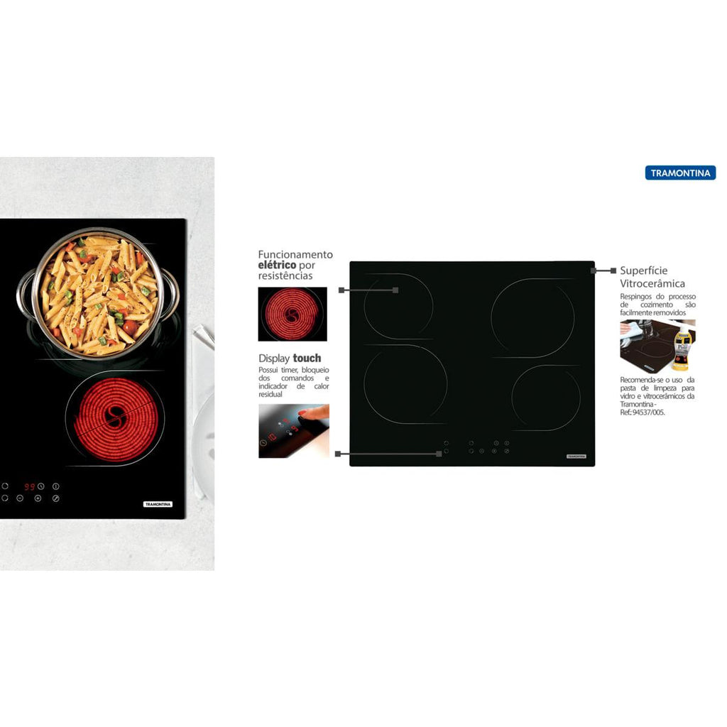 Cooktop Elétrico Tramontina New Square Vitrocerâmico com 4 Áreas de Aquecimento e Comando Touch 94747022