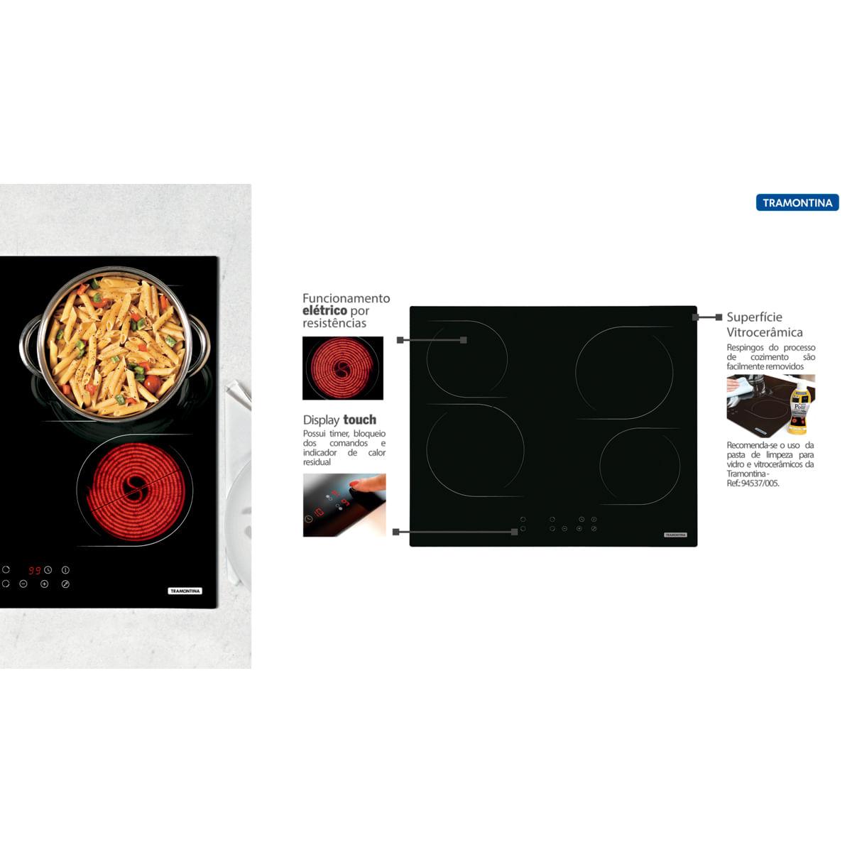 Cooktop Elétrico Tramontina New Square Vitrocerâmico com 4 Áreas de Aquecimento e Comando Touch 94747022