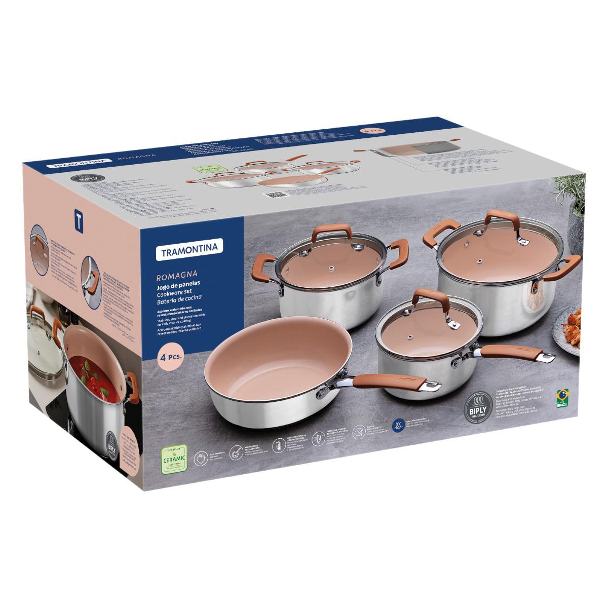 Jogo de Panelas Tramontina Romagna Aço Inox Cerâmico Black Stone 4 peças Marfim