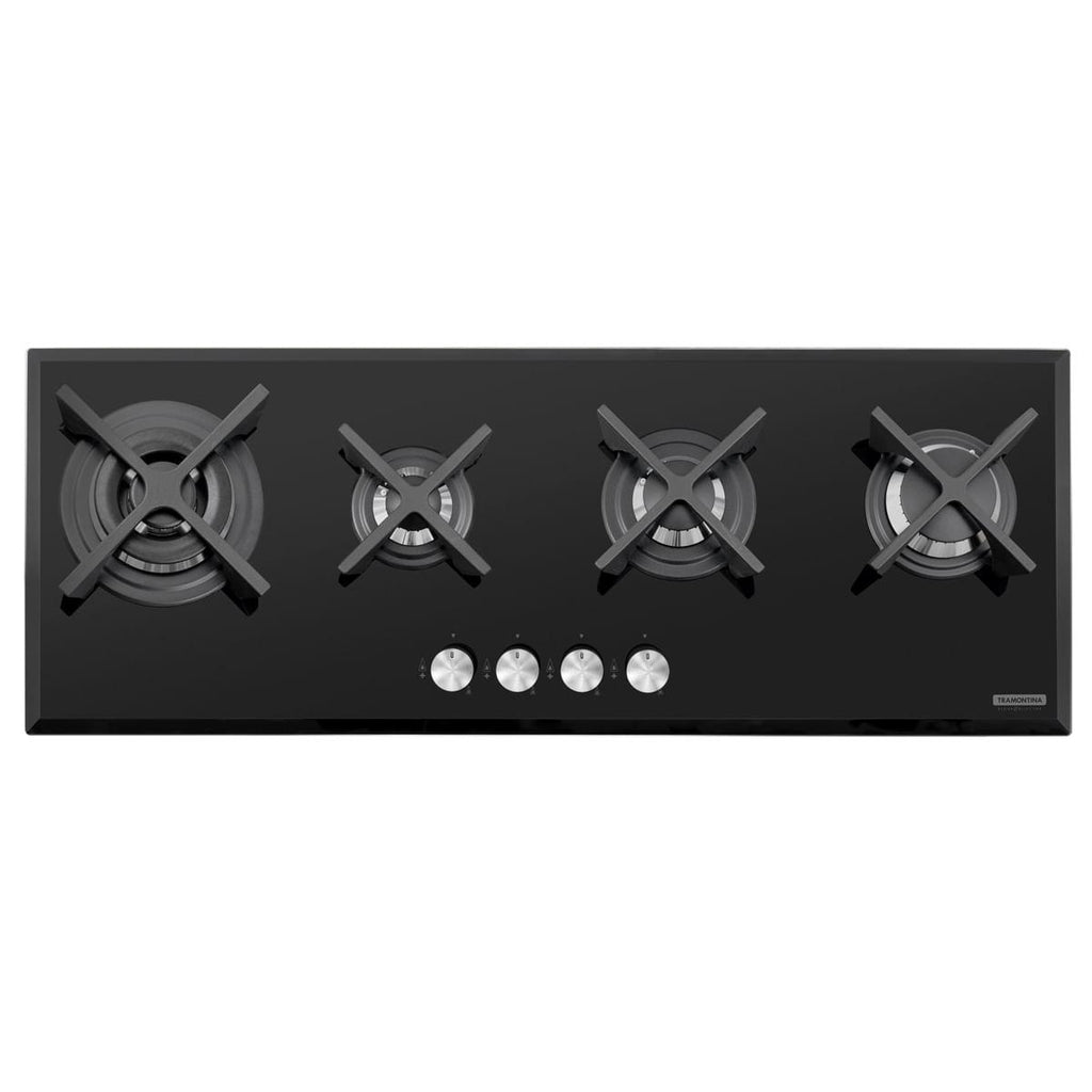 Cooktop a Gás Tramontina Slim Glass Flat 4GG B 100 Safestop em Vidro Temperado Preto e Trempes em Ferro Fundido