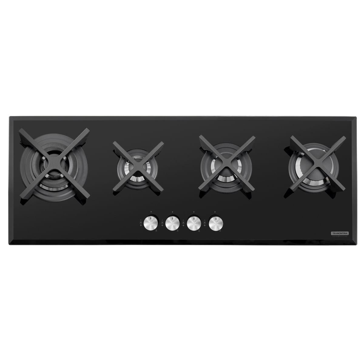 Cooktop a Gás Tramontina Slim Glass Flat 4GG B 100 Safestop em Vidro Temperado Preto e Trempes em Ferro Fundido