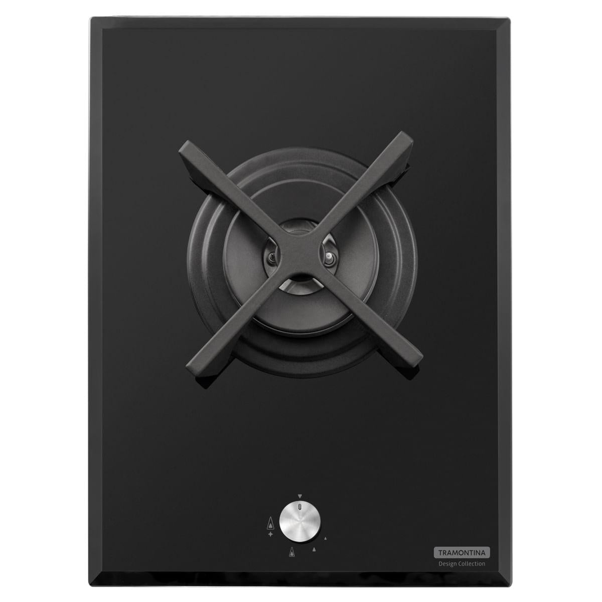 Cooktop a Gás Tramontina Dominó Glass Flat 1GG 38 Safestop em Vidro Temperado Preto e Trempes em Ferro Fundido